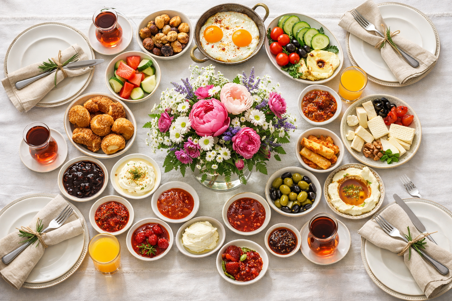 Duzgun servis edilmis kahvalti masasi